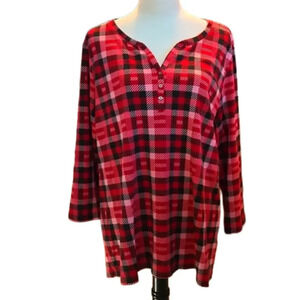 Karen Scott Plaid Printed Henley Top 3/4 Sleeves Soft Fabric Women's Size 2X